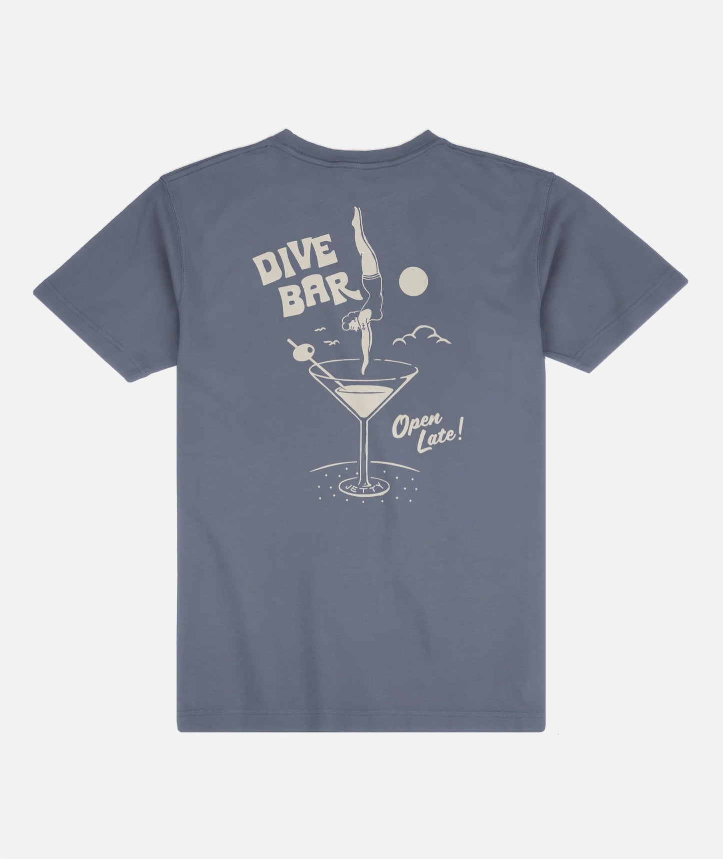 The Jetty Dive Bar Tee features a graphic design of a woman diving into a martini glass with text that reads