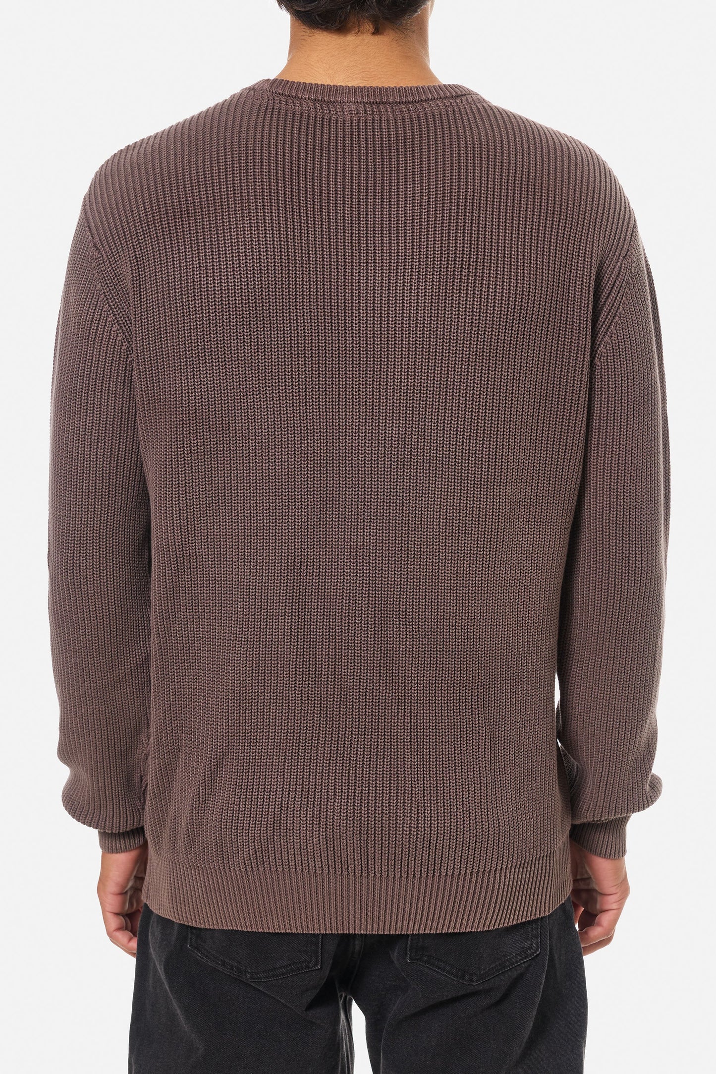 Man wearing a plum ribbed knit sweater from Katin