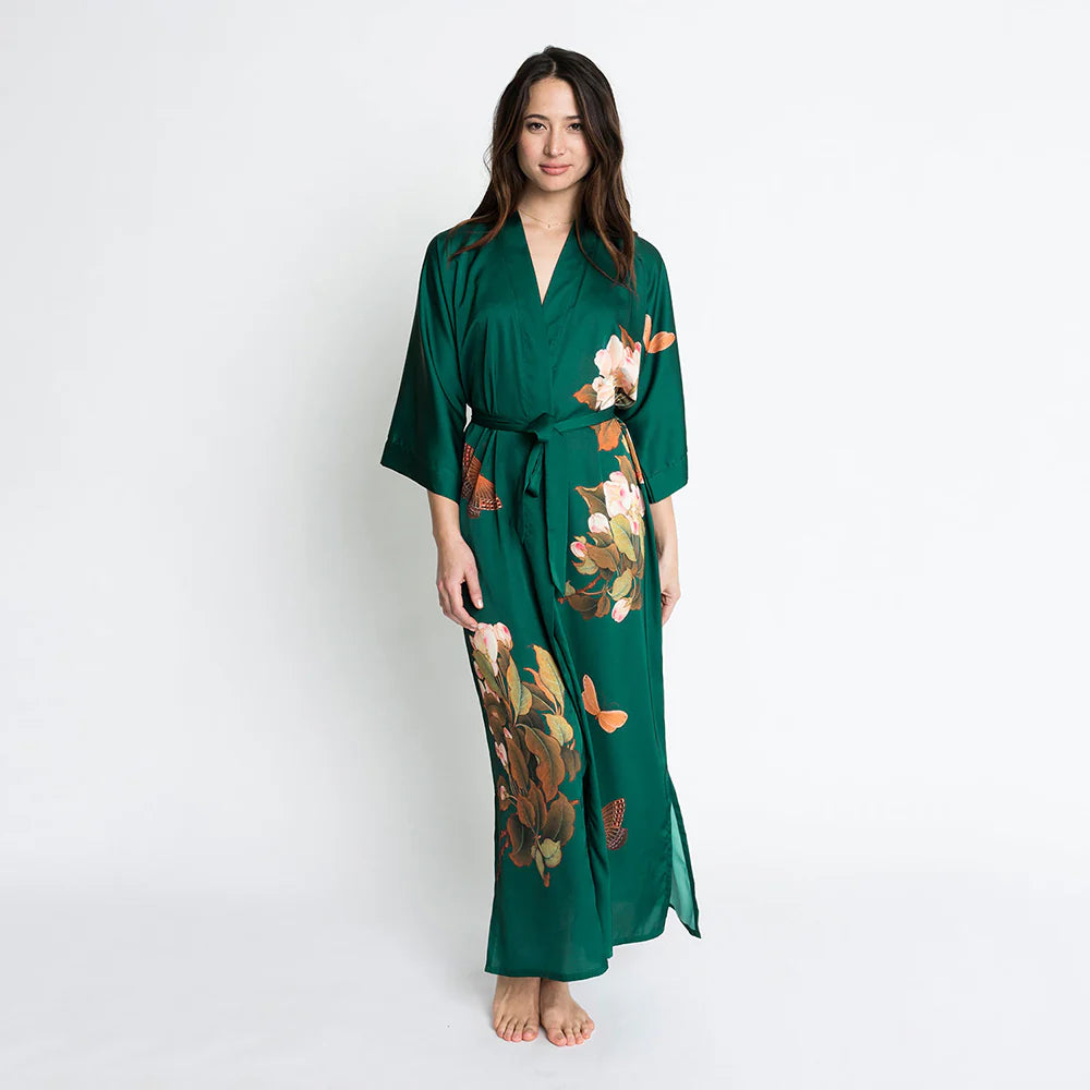 Front view of the Peony & Butterfly Long Kimono Robe in Emerald