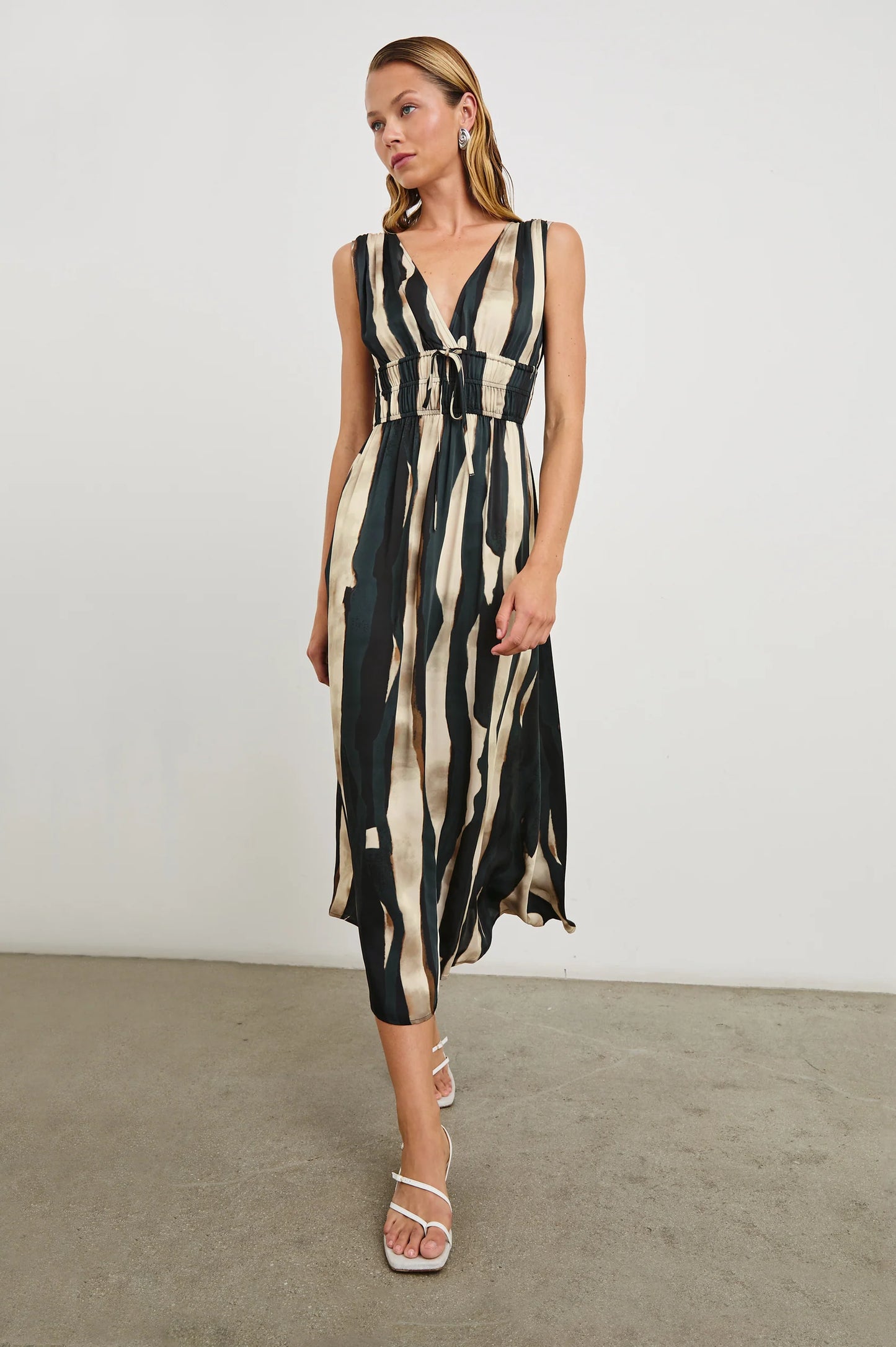 Striped midi dress with smocking detail at the waist