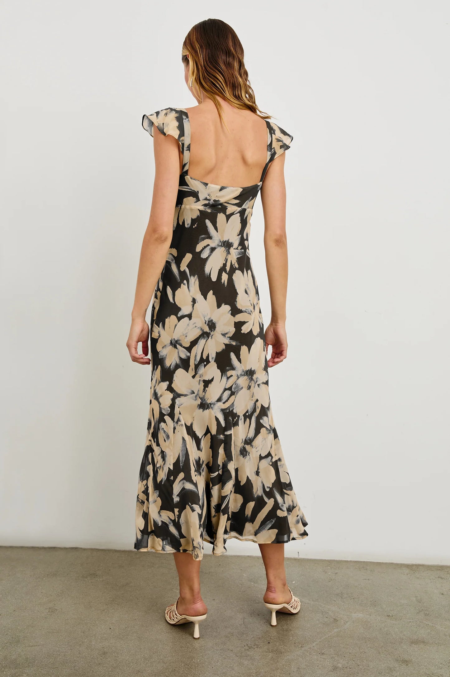 square back floral print midi dress with flutter sleeves