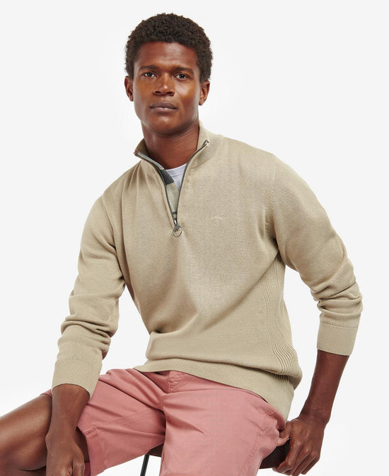 Front view of the Washed Stone color Cotton Half Zip Pullover by Barbour