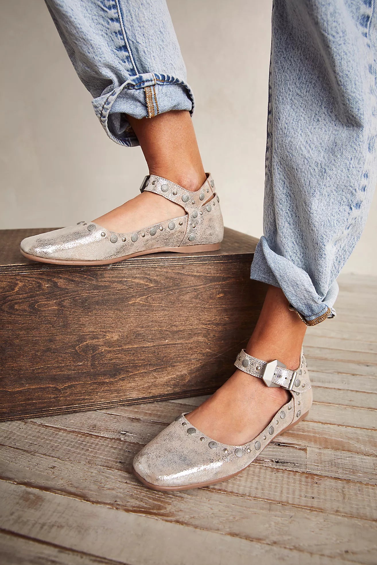 These Free People flats feature an adjustable ankle strap, cool studded details, and a classic round toe.