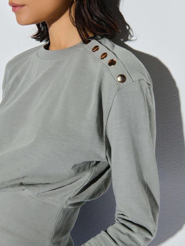 Button shoulder design detail on the Dove Grey Monique Top from Nation LTD