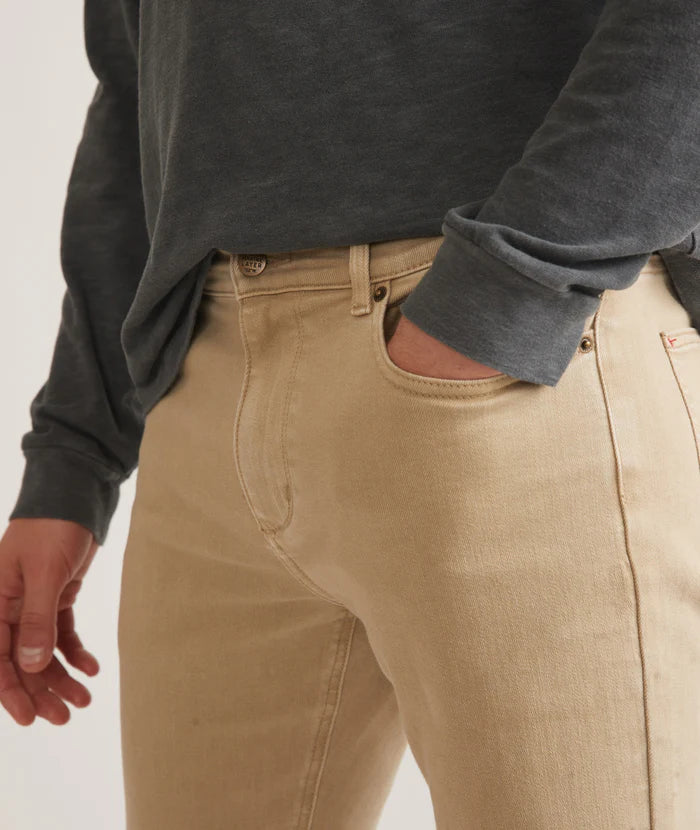 Front detail on the men's khaki color slim fit 5 pocket pants by Marine Layer
