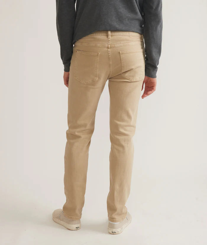 Back view of men's khaki color slim fit 5 pocket pants by Marine Layer