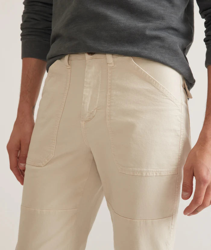 Closeup front view of the Marine Layer Breyer Relaxed Utility Pant in the color Natural