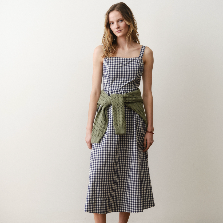 layering midi dress Marine Layer Demi Poplin Navy Gingham / M Size:One Size To Fit UK 8-14 YGroup_Tennis-Dress length silhouette * Romantic Embellished Ball Gown, Long