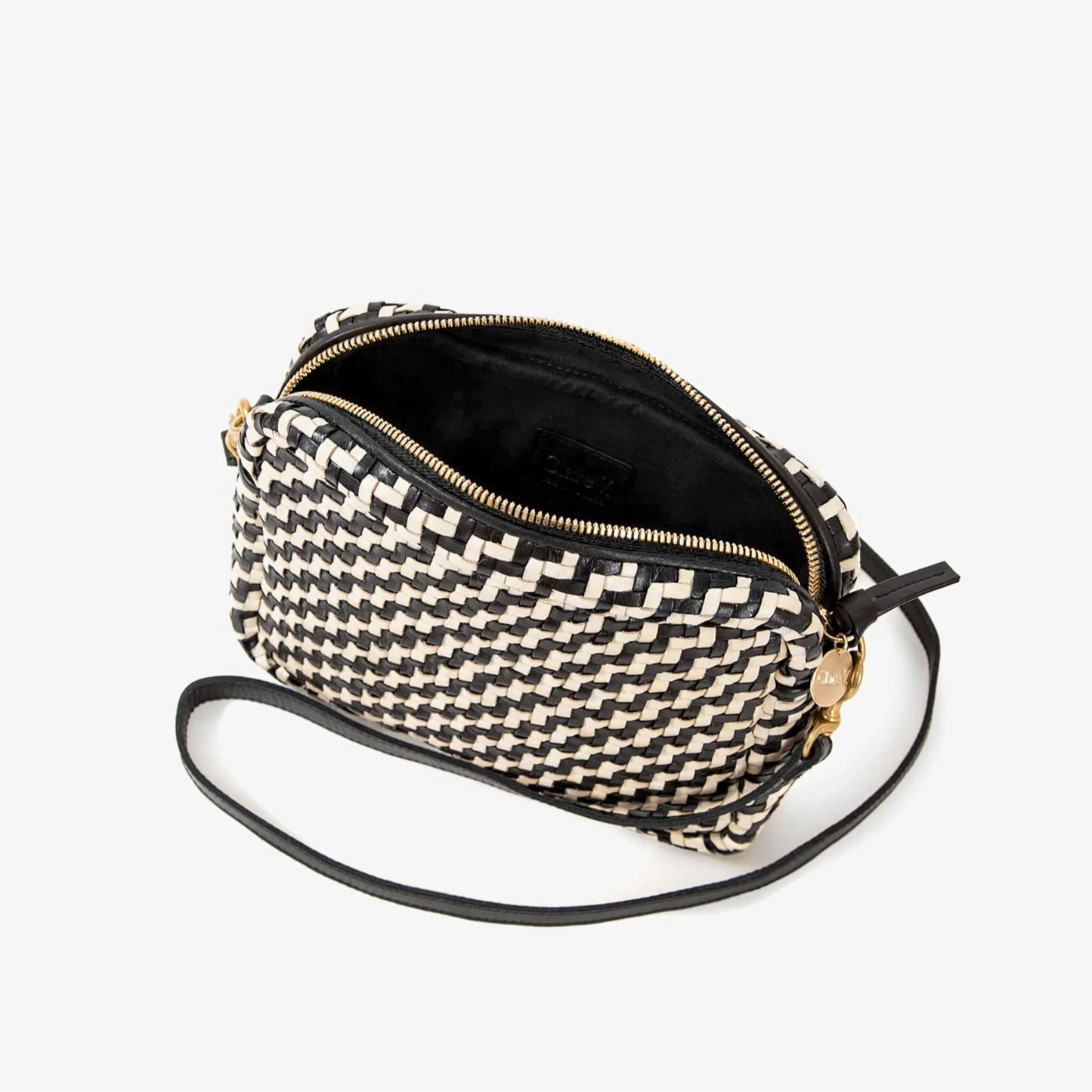 black and white woven purse