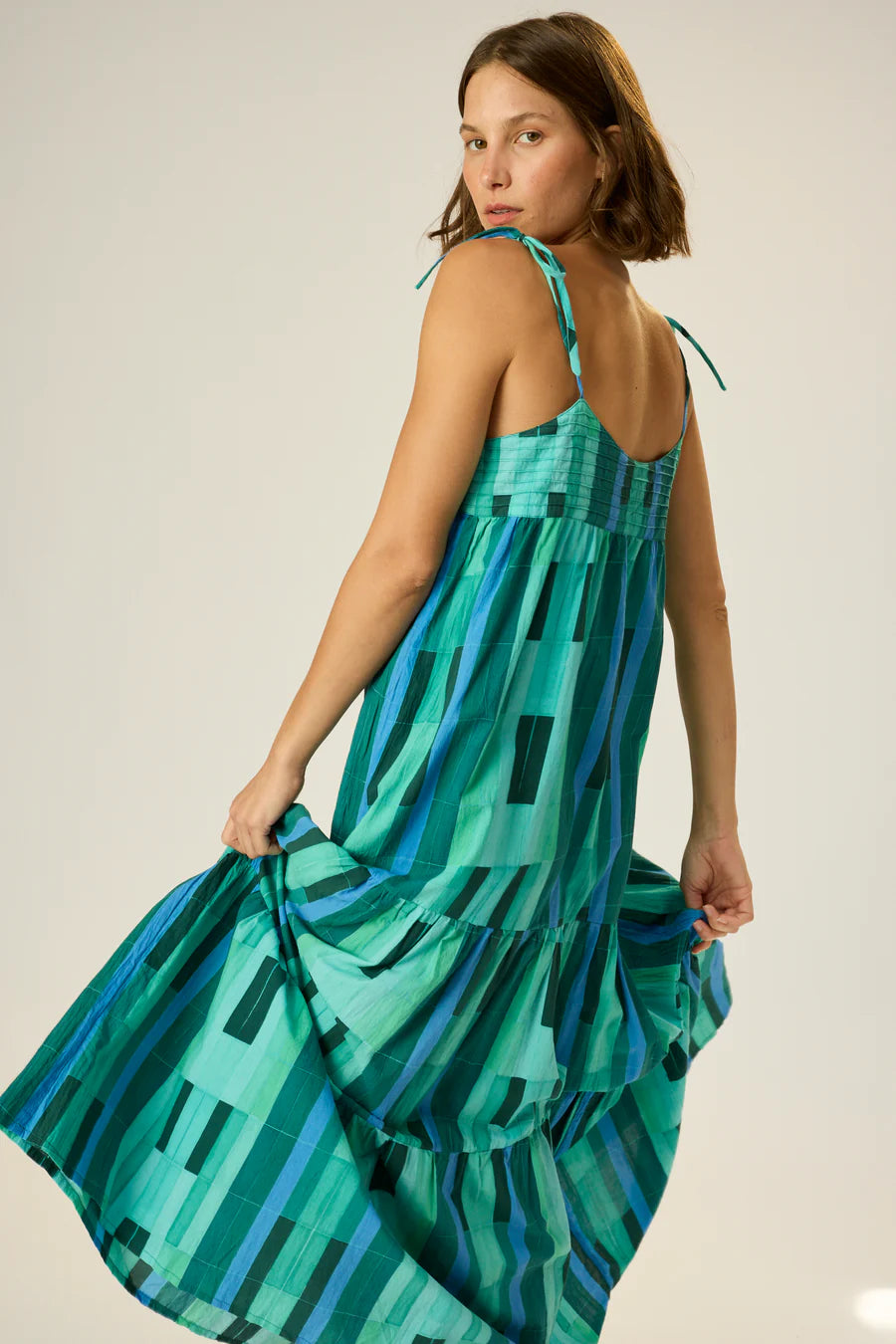Multi green tiered maxi dress
