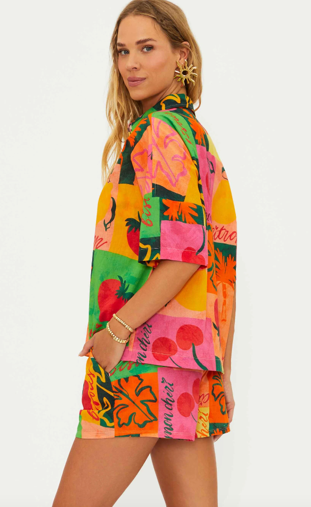 The Beach Riot Naida Top is bursting with colors and prints of various fruits