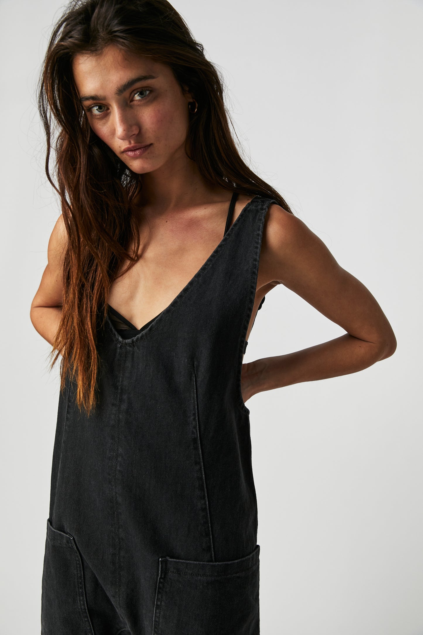 Front detail on the Mineral Black High Roller Jumpsuit by Free People
