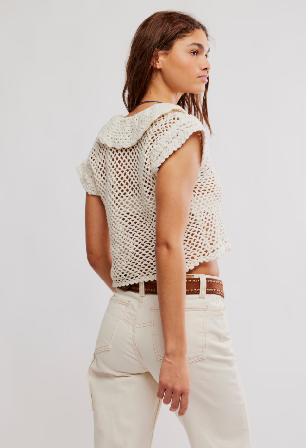 The Free People Lily Crochet Top features a sailor-inspired collar and slightly cropped fit
