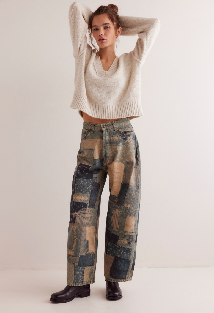 The Free People Illusions Printed Relaxed Jeans in Indigo Combo