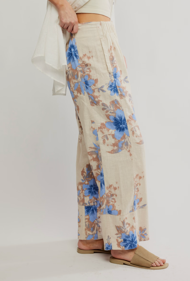 The Free People Day's End Printed Linen Pull-On Pants offer a mid-rise, wide-leg silhouette