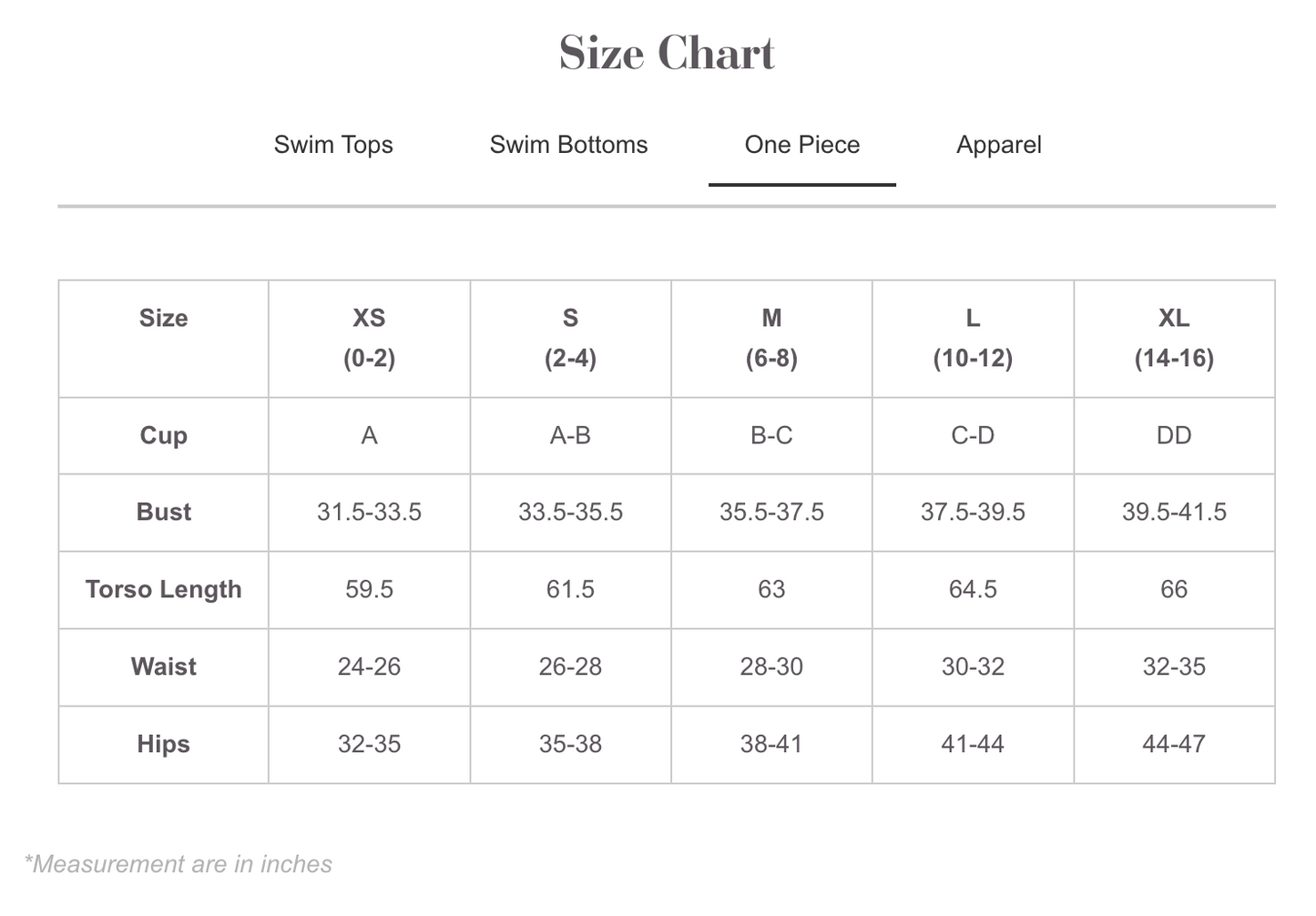 PQ Swim's One Piece Swimsuit size guide