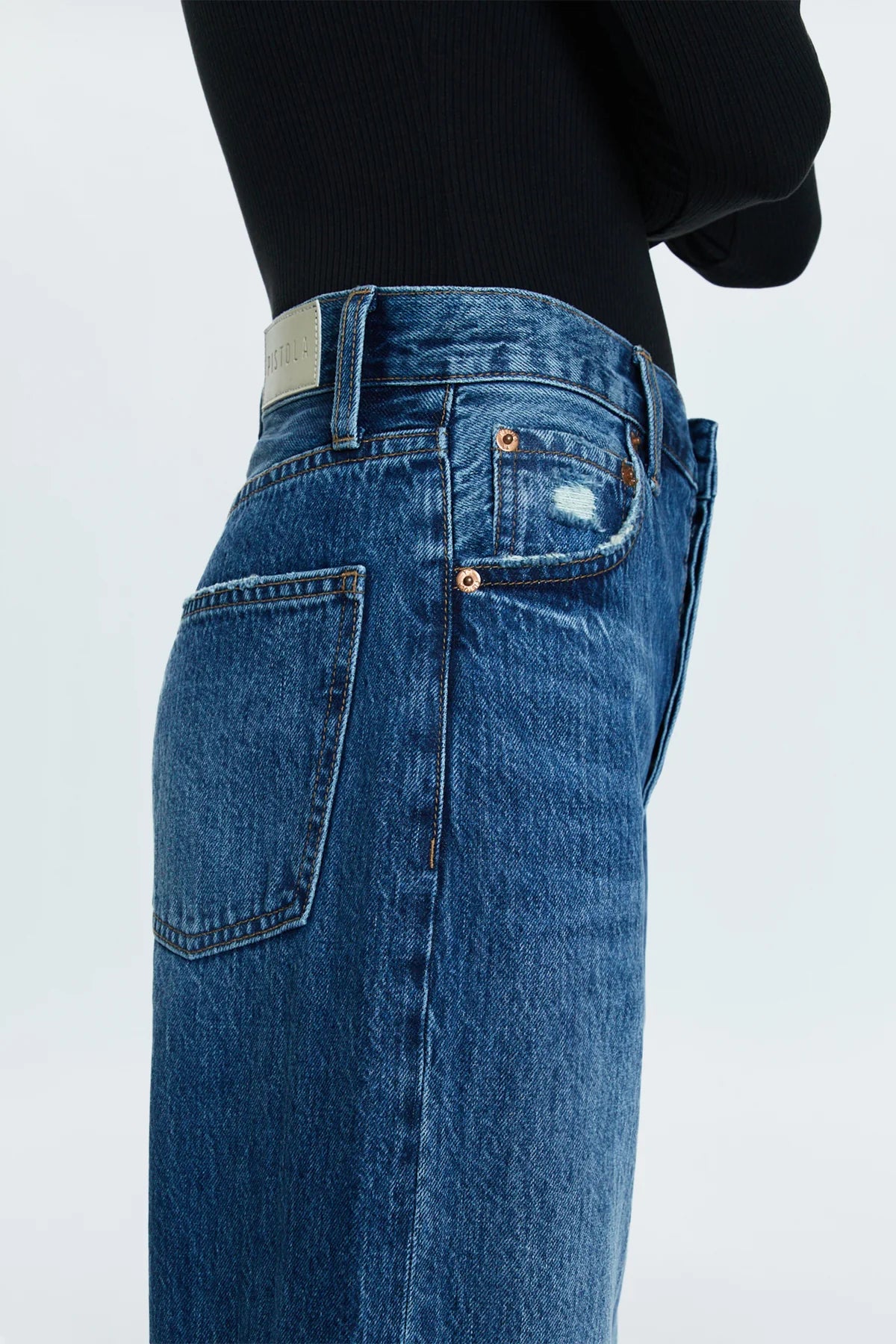 Side detail on the Deep Blue Indigo Ryder Wide Leg Cuffed Jeans by PISTOLA