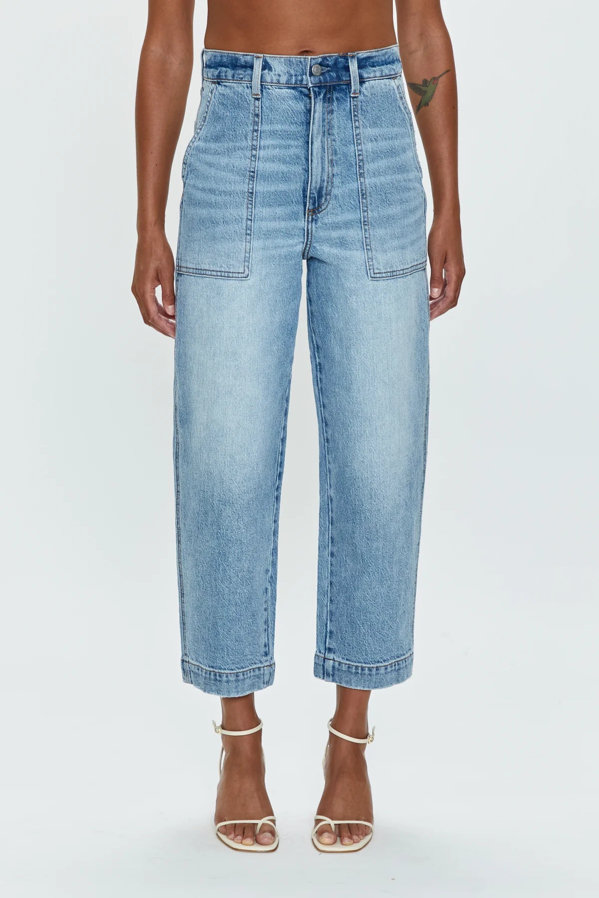 Front view of PISTOLA's Turner Super High Rise Barrel Jean in the color Provence