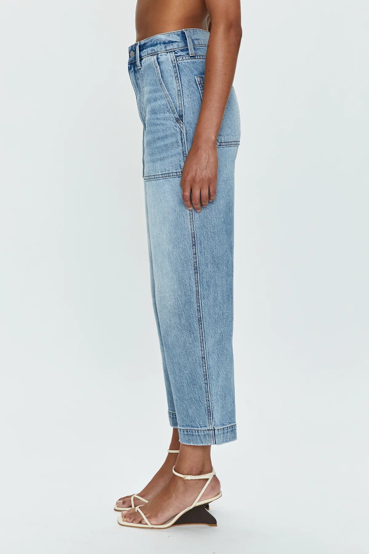 Side view of PISTOLA's Turner Super High Rise Barrel Jean in the color Provence