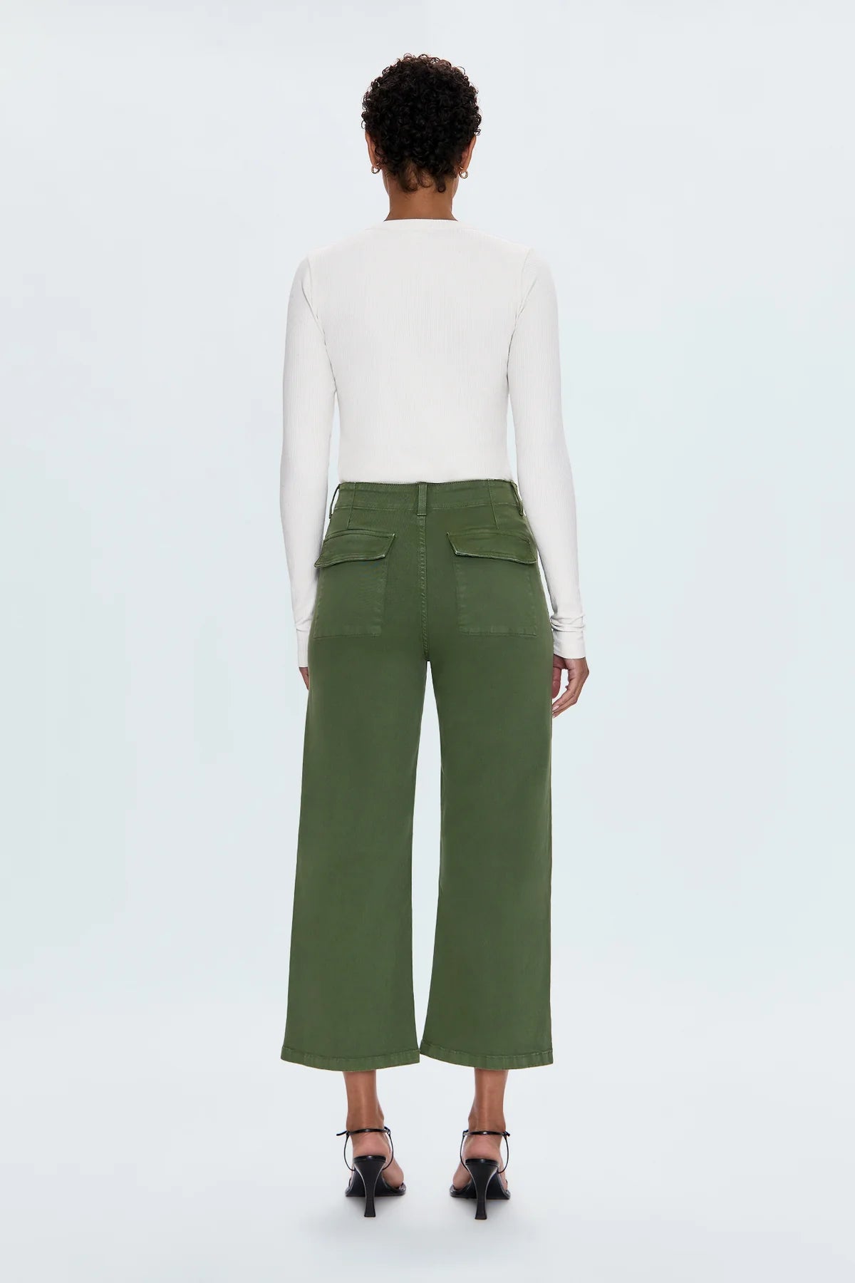 Back view of the Sophia Wide Leg Pant in the color Basil, by Pistola