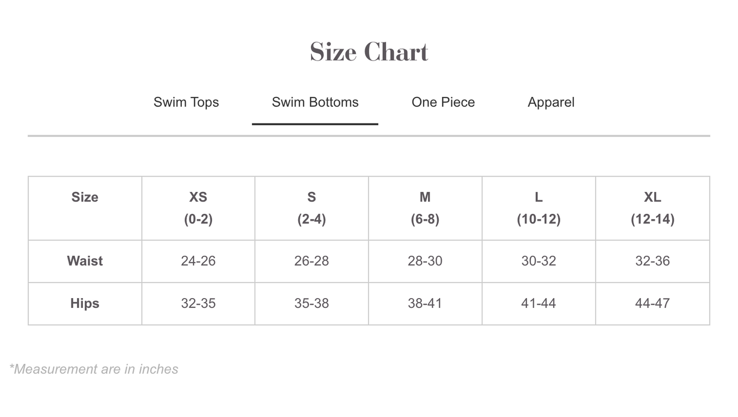 PQ Swim size chart for swim bottoms