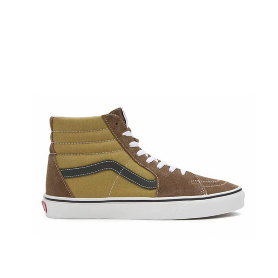 Side profile view of the Vans Men's Sk8-Hi Canvas Suede Sneaker in the color Brown Multi