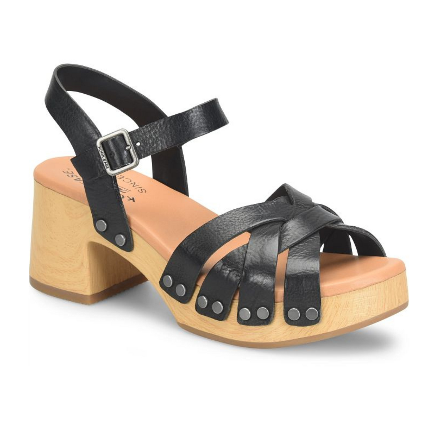 Black leather platform sandals with ankle strap