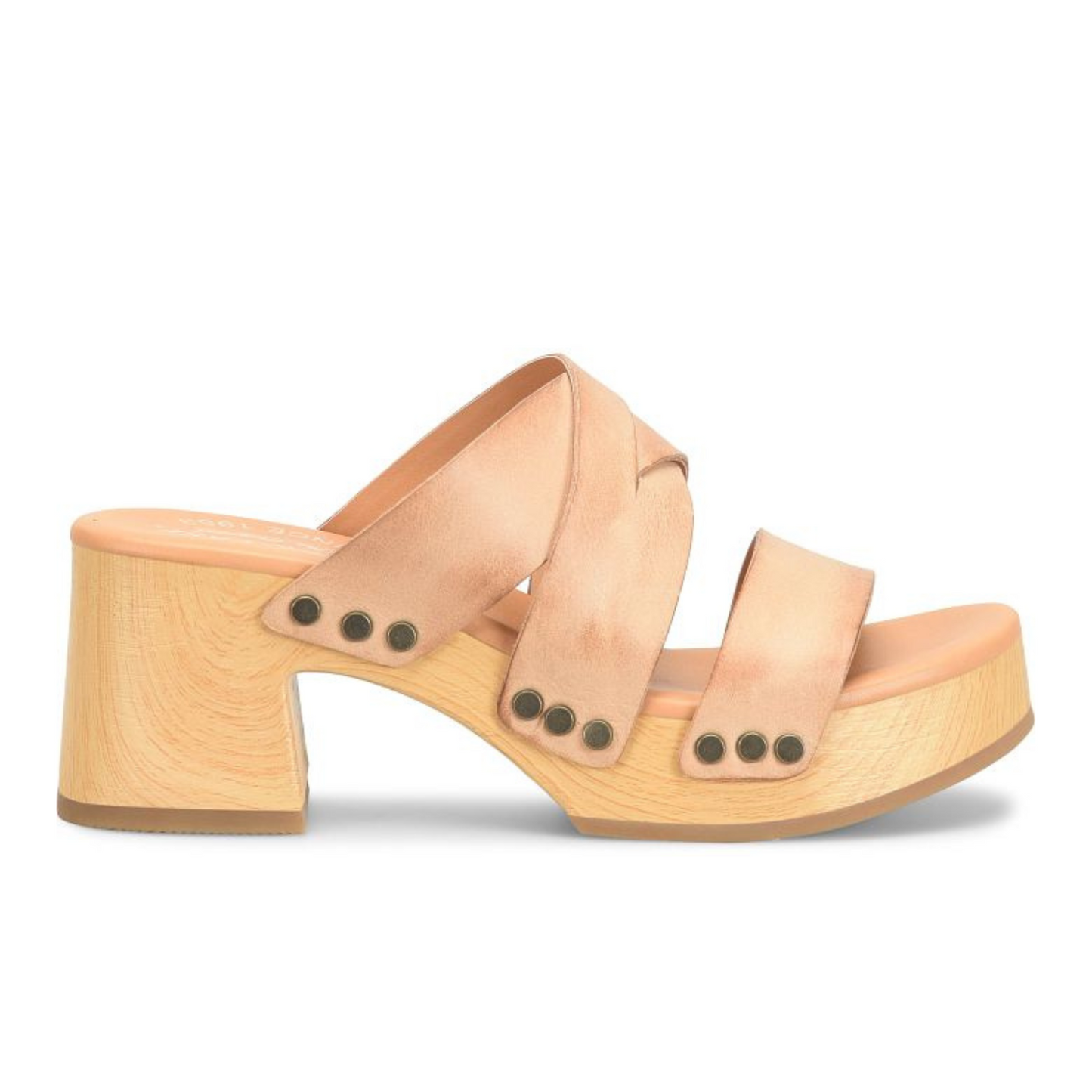 Women's platform slide sandal with wooden base and leather upper