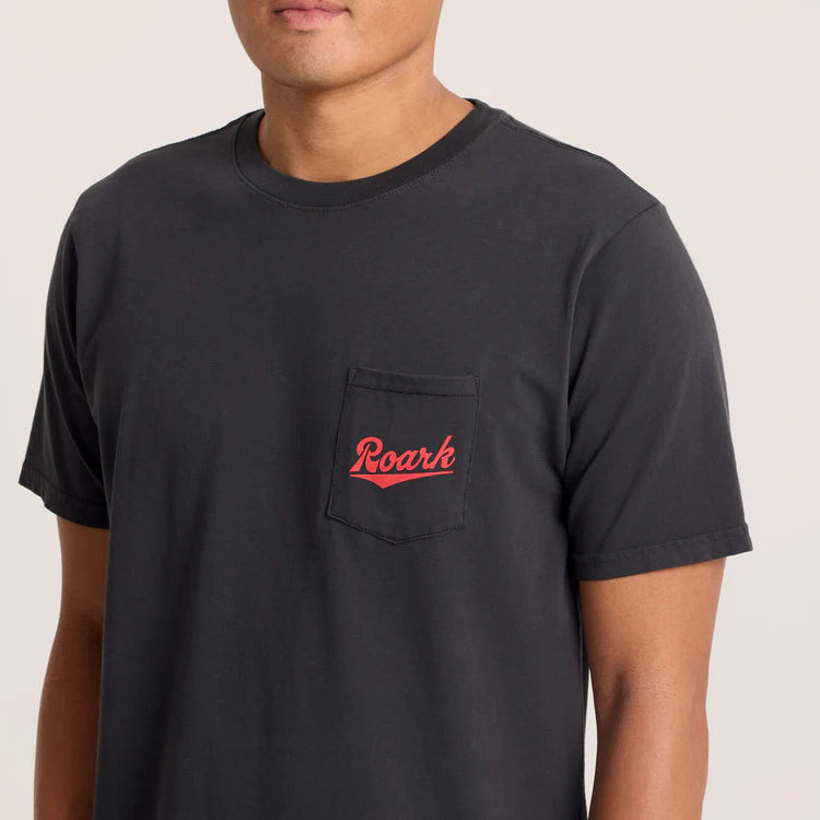 Short sleeve black pocket tee with red Roark logo
