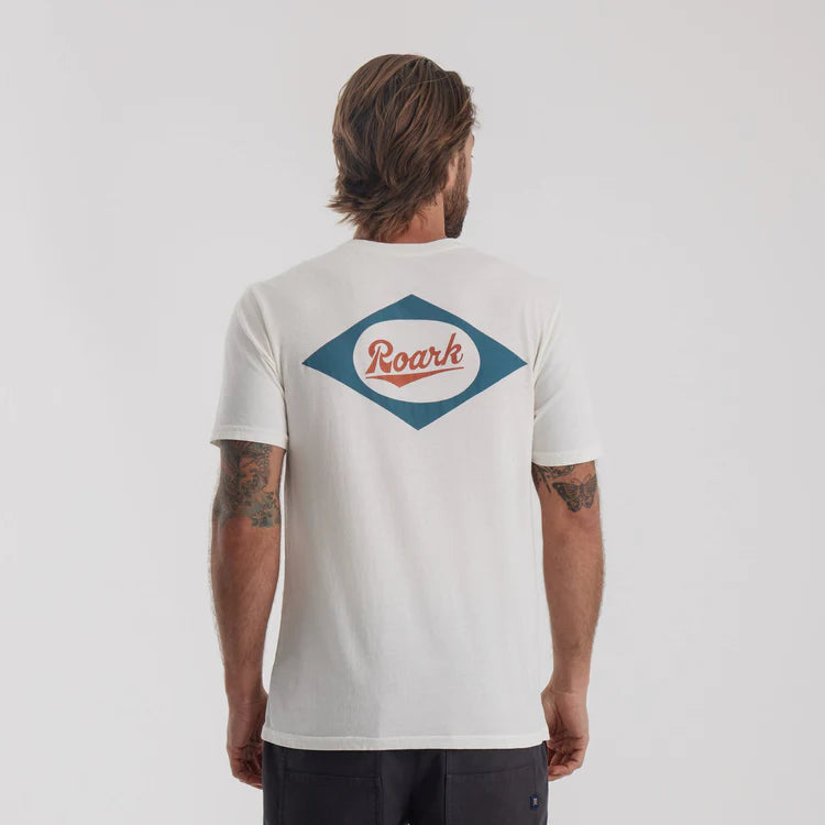 short sleeve white tee with retro-diamond back graphic from Roark