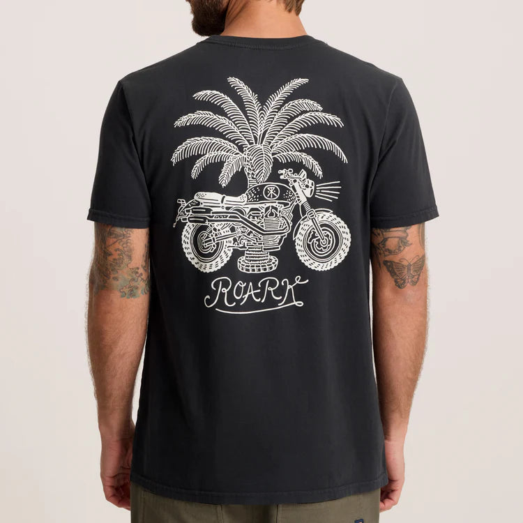 black short sleeve t-shirt with motorcycle and palm tree graphic