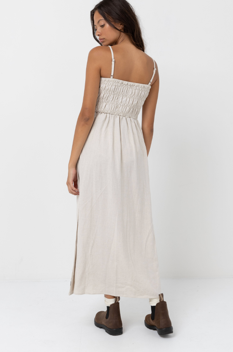 womens shirred midi dress Back sharing midi dress XS/S / Oatmeal / 60% Cotton 30% Linen 10% Viscose