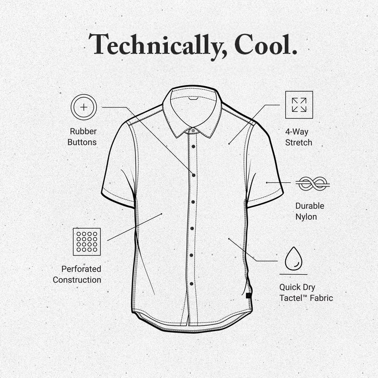 Roark specs for the Bless Up Trail Button Up Shirt, detailing rubber buttons, perforated construction, 4-way stretch, durable nylon and quick dry Tactel™ fabric