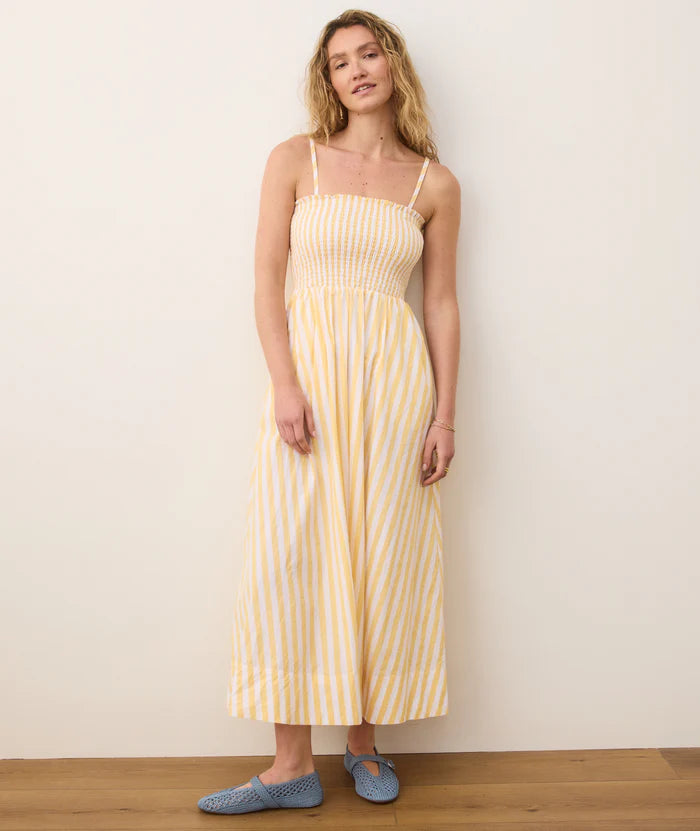 The Marine Layer Sutton Strapless Maxi Dress features removable straps with a smocked bodice
