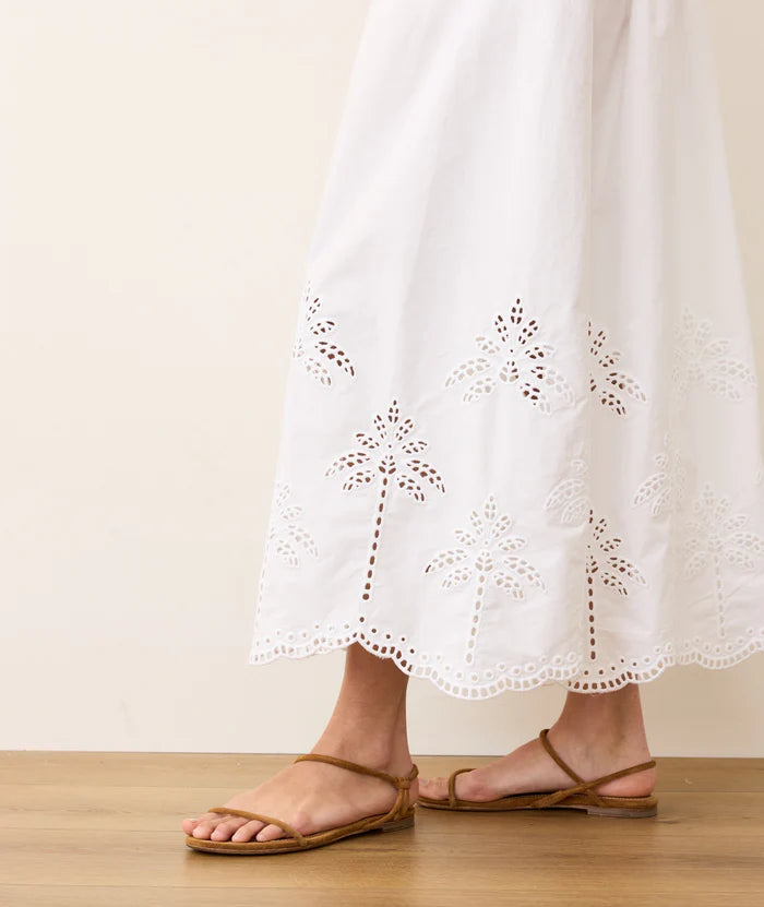 The Marine Layer Selene Eyelet Maxi Dress features a palm eyelet detail on the skirt