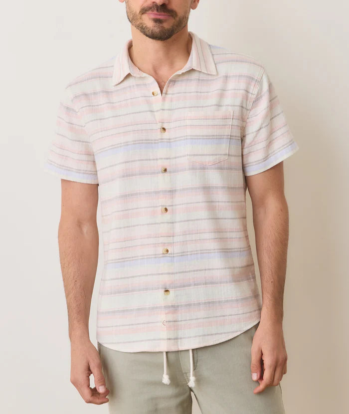 The Marine Layer Stretch Selvage Short Sleeve Shirt in the color Baja Stripe