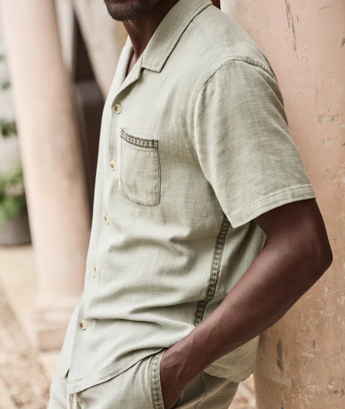 men's green embroidered short sleeve button down shirt