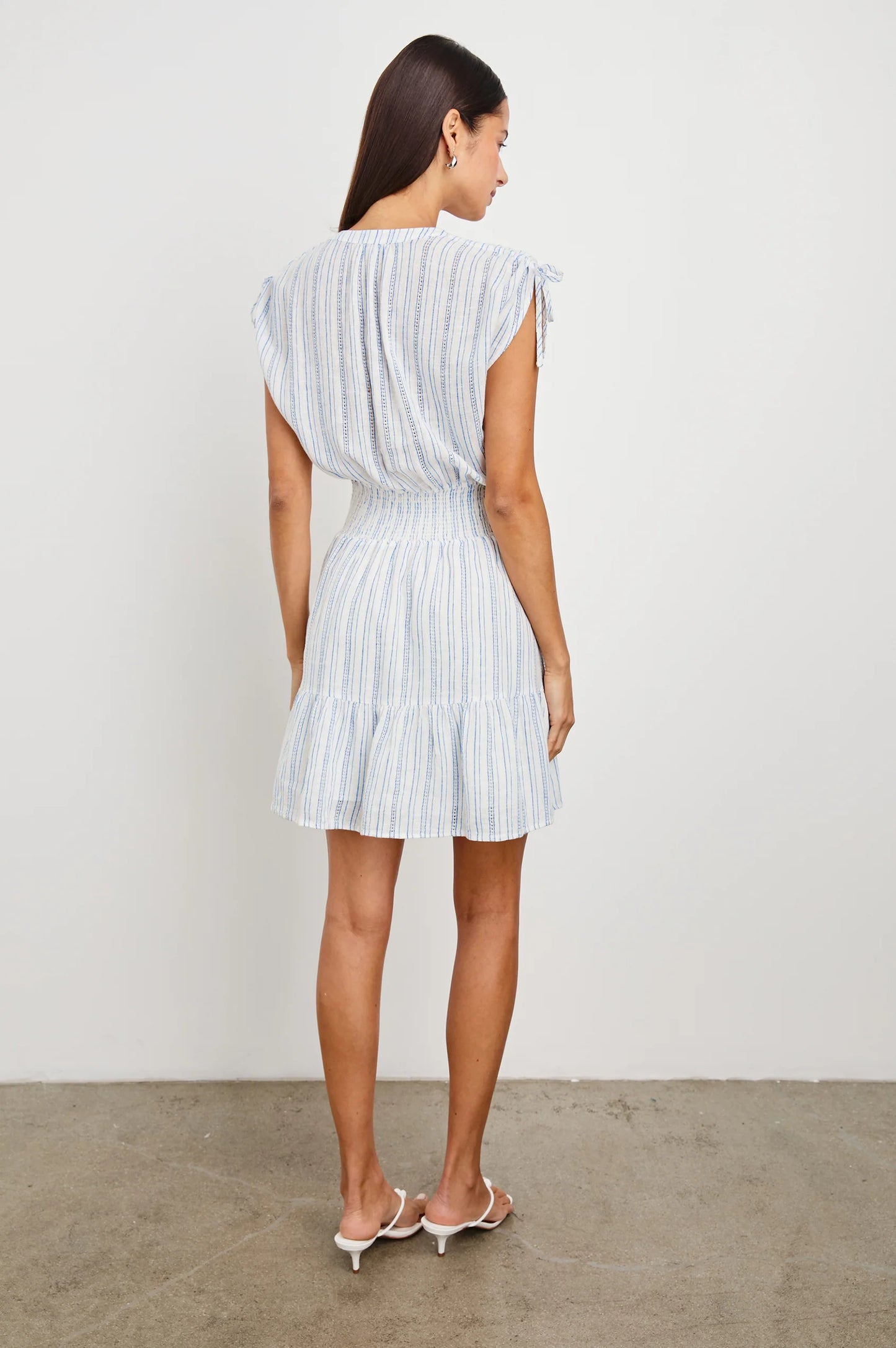 striped mini dress with smocked waist