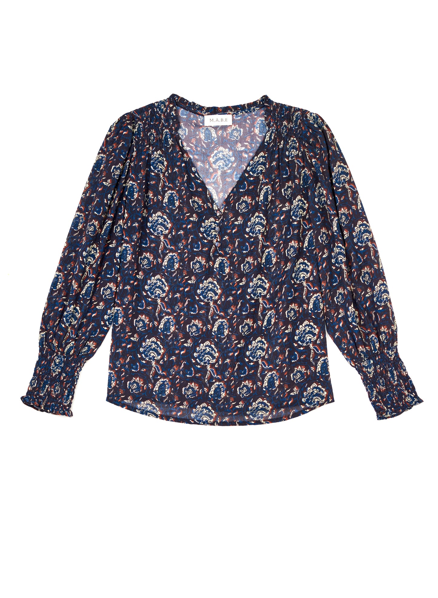 Flat lay view of the M.A.B.E. Seren Printed Long Sleeve Top, sold at Harbour Thread