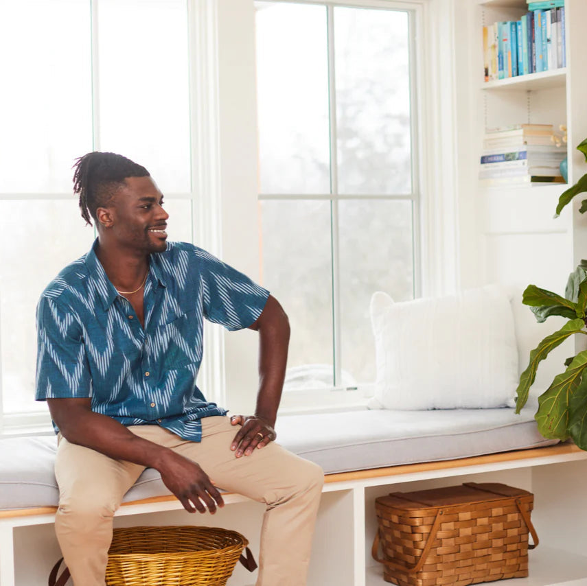 Be cool and casual in the Don't Stop Til The Top Ikat Shirt by One World Brothers, available to shop at Harbour Thread in Burlington, VT.