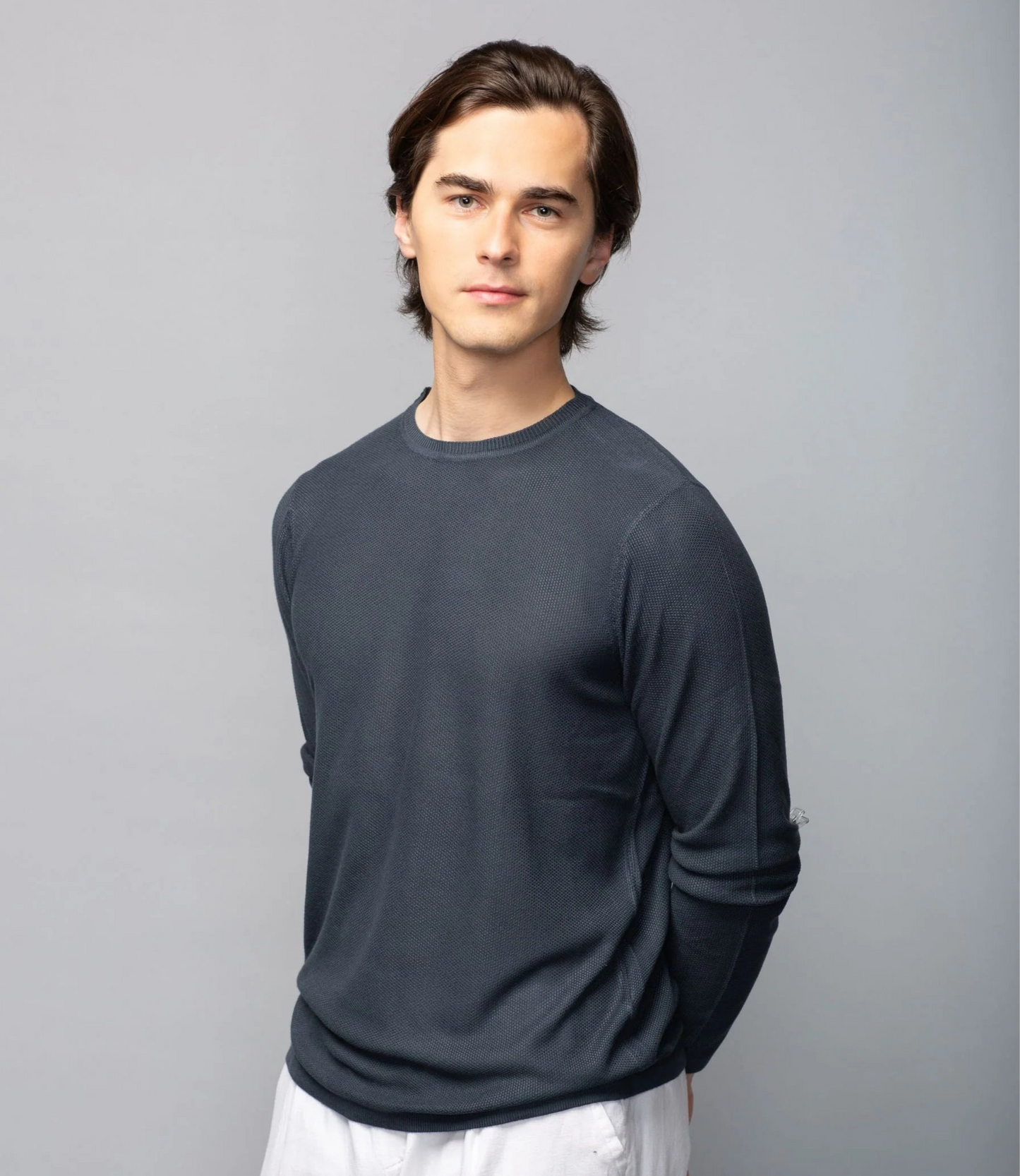 The Stitch Note Crewneck Bamboo Knit Sweater in Grey