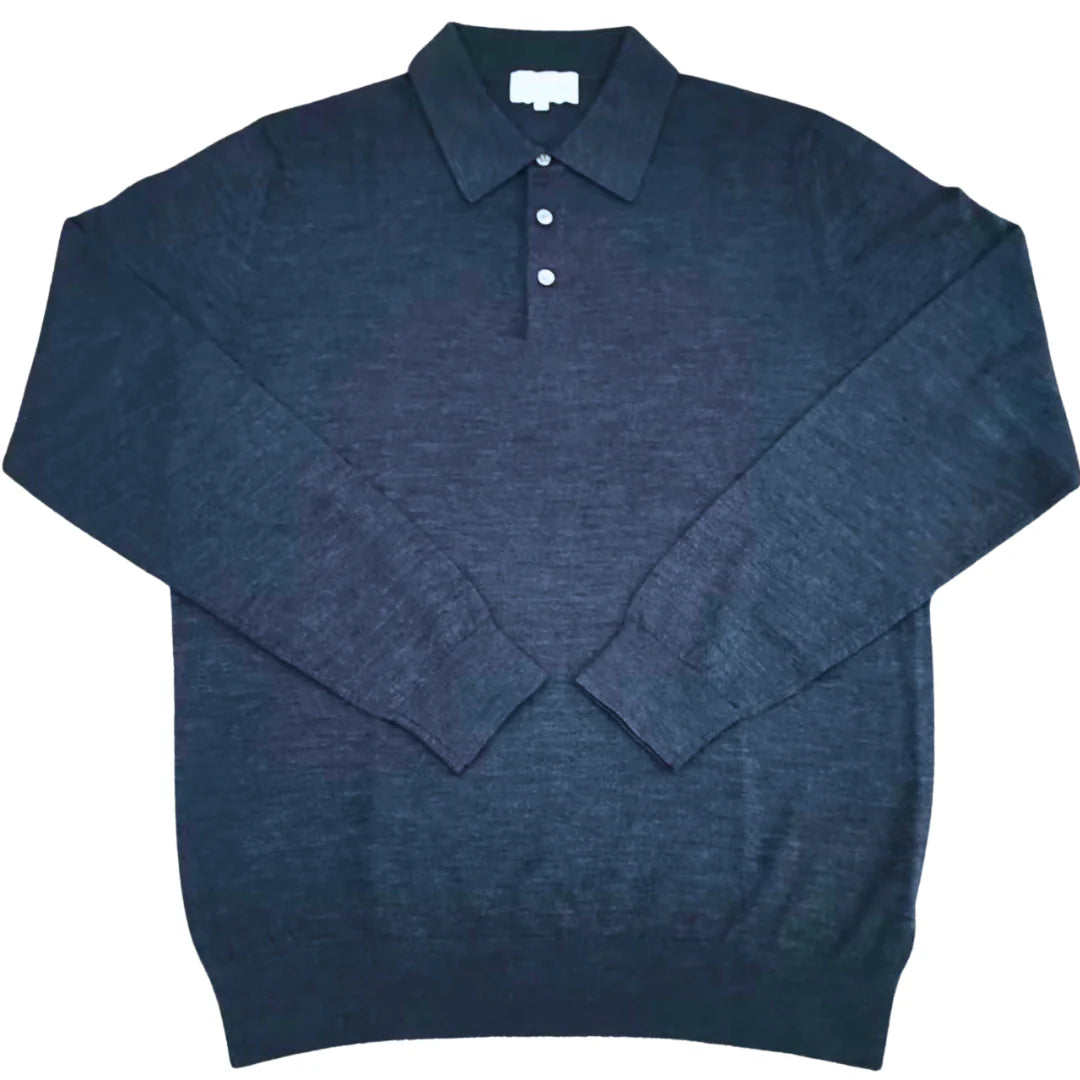 Enjoy the comfort of this solid fine gauge merino wool long sleeve polo from Stitch Note, available to shop at Harbour Thread