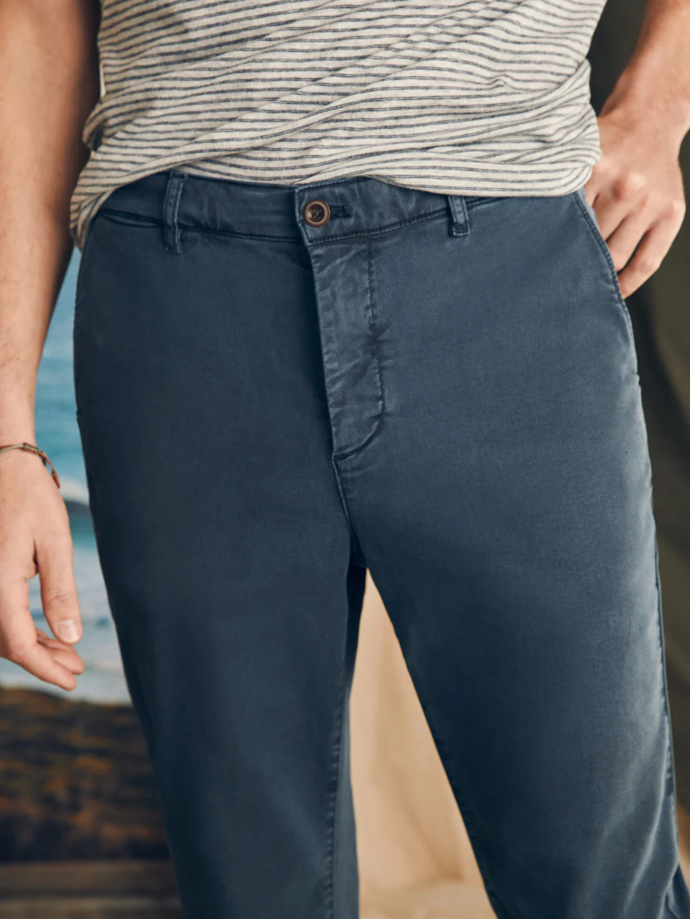 Front detail on Faherty's Coastline Chino Pants in the color Blue Nights