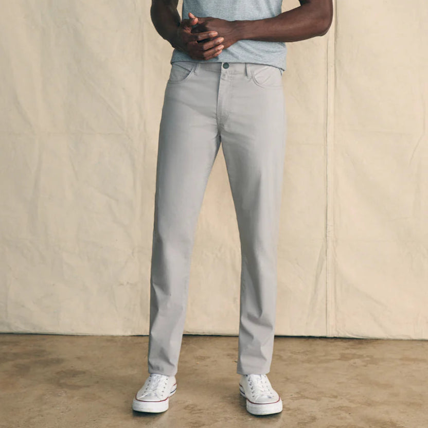 The men's Movement 5-Pocket Pant by Faherty, in the color Fossil