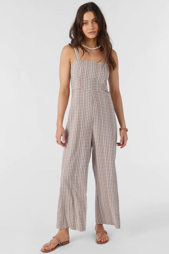 Front view of the O'Neill Clarice Cece Gingham Jumpsuit in the color Deep Taupe