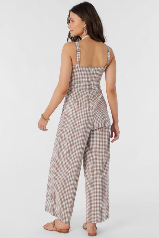 Back view of the O'Neill Clarice Cece Gingham Jumpsuit in the color Deep Taupe