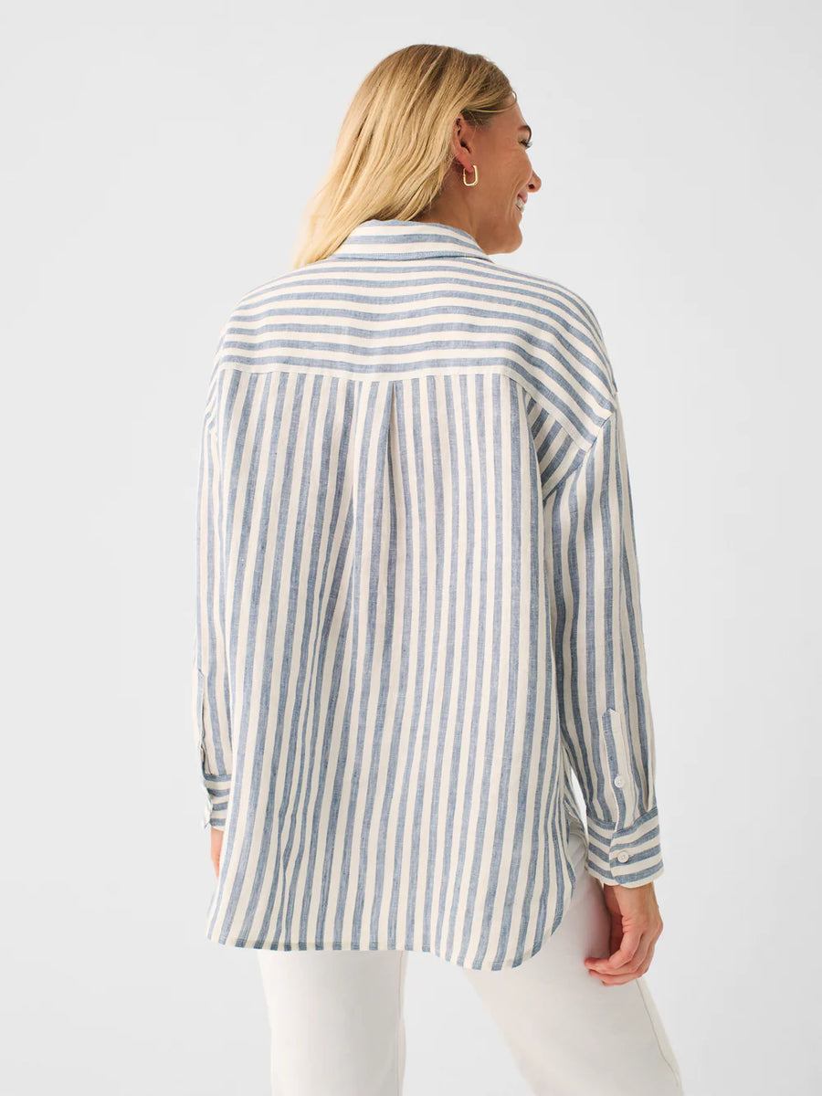 Short sleeve Baggy shirt in Organic Cotton seersucker . Navy stripes -  Betina Lou