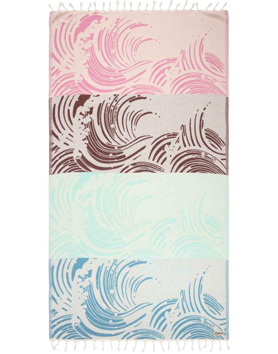 Unfolded view of The Box colorblock wave design beach towel by Sand Cloud