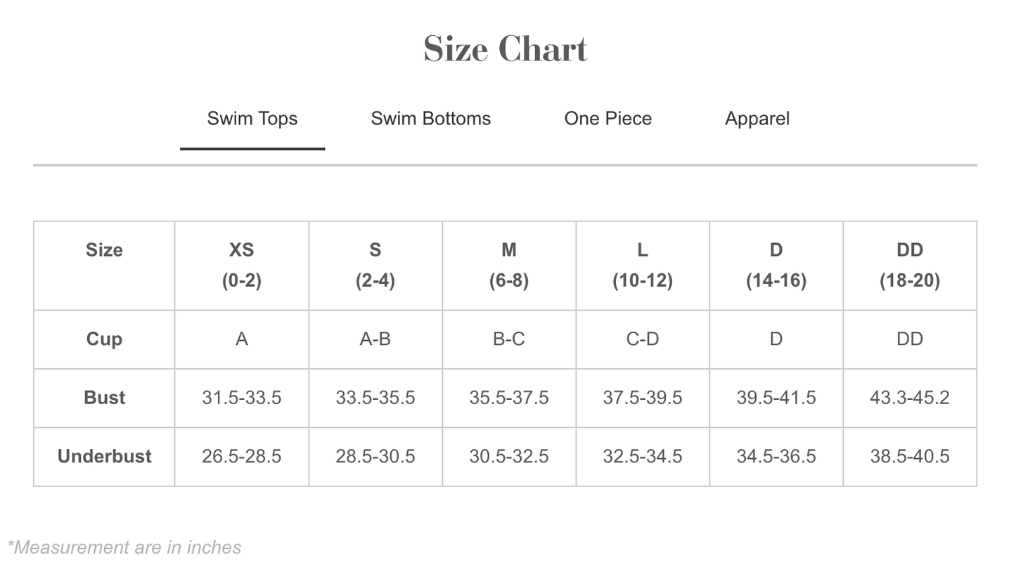 PQ Swim size chart for swim tops