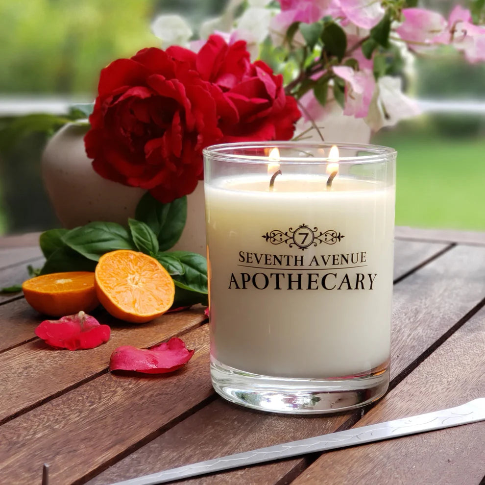 Relax at home with the Primrose + Teakwood Soy Wax Candle by Seventh Avenue Apothecary at Harbour Thread boutique.